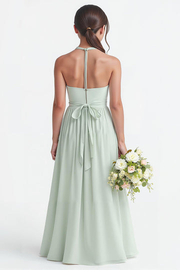 Robe de demoiselle d’honneur junior en mousseline de soie A-ligne vert sauge